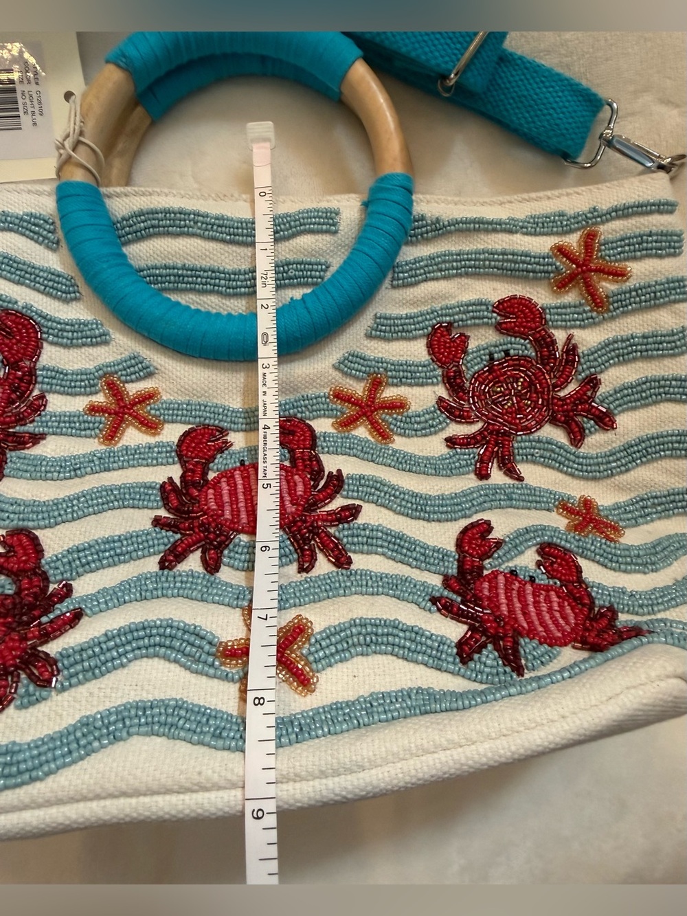 Sol and Mer White Canvas Tote. Turquoise Handles & handcrafted beaded Crabs NWT - Picture 6 of 7